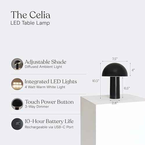 Brightech Celia Mood Lamp ? 10" Touch-Controlled Mushroom Table Lamp, Cordless & Dimmable LED, Portable Rechargeable Bedside Night Light, Sustainable Recycled Modern Patio Lamp for Home D?cor ? Black