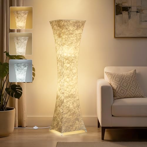 GyroVu Floor Lamp for Living Room, 47¡° 3-Color Temperature Standing Corner Floor Lamps, Modern Column Floor Light with White Fabric Shade for Bedroom, Home Office, Kids Room, 2 Bulbs Include