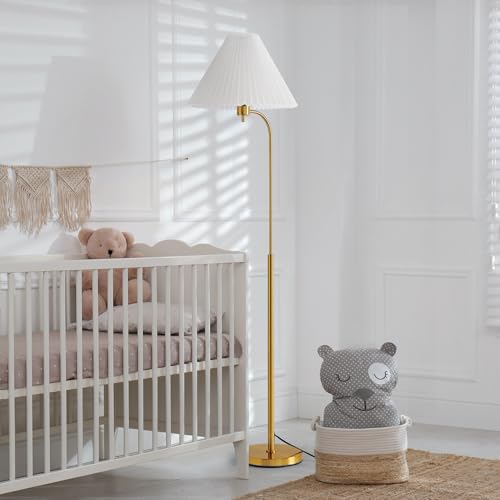 Retro Floor Lamp ? 63¡± Mid Century Modern Floor Lamp with White Pleated Empire Shade, Minimalist Curved Brass Pole Arc Mid-Century Standing Lamp for Cozy Living Room, Bedroom, Reading Corner (Gold)