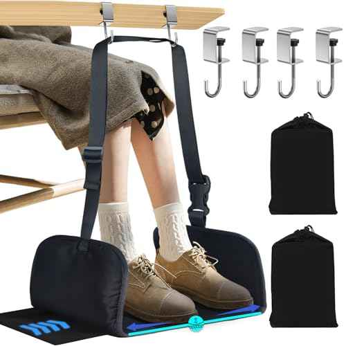 Airplane Foot Rest, Office Footrest Under Desk with 4 Hooks, Widen Airplane Footrest Flight Hammock Memory Foam Travel Foot Sling for Work Gaming Travel Essentials, Black