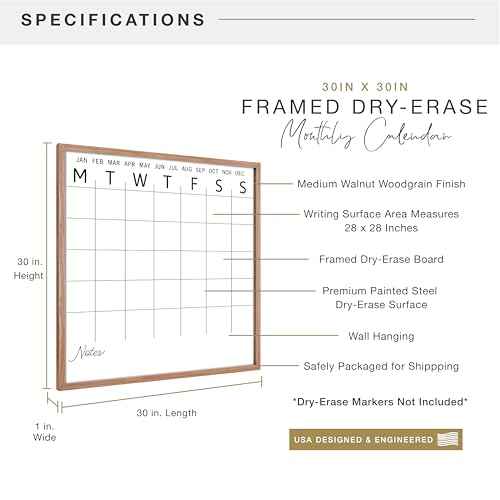 MCS Dry Erase Calander 30x30 Walnut Framed Monthly Calendar for The Wall, Stay Organized with Family Planner for Appointments, Sports, Events & More