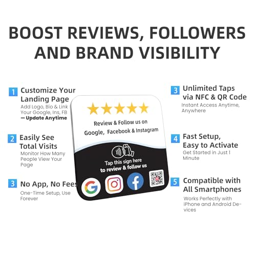 Review Tap Card & Social Media Sign NFC Plate ? NFC Review QR Code Sign compatible with Instagram & Facebook QR Code Follow Us ? Tap or Scan Business Rating Display with Stand & Adhesive ? No App/Fees