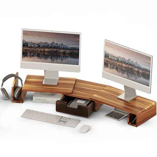 Wooden Dual Monitor Stand Riser with Drawer, 40.4'' Ergonomic Monitor Stand for Desk with Adjustable Length and Swivel Angle, Wooden Desktop Organizer for Laptop, PC, Computer,Printer (Acacia)