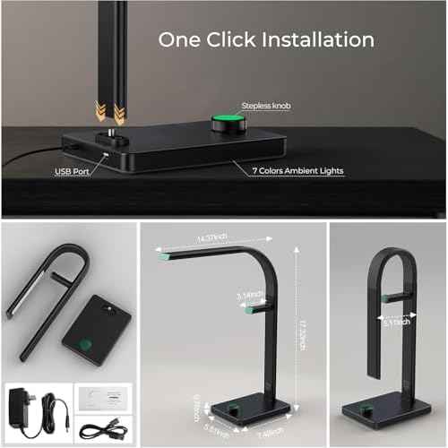 LED Desk Lamp with Eye-Caring Light, USB Ports, 7 Color Modes, Flexible Gooseneck & Headphone Stand for Home Office, Bedroom, and Study (Black Green)