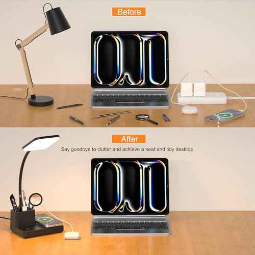 Sailstar Desk Lamp, Table Lamp with Wireless Charger & USB Port, 800LM CRI95 3 Color Modes Dimmable Touch 360¡ÆGooseneck Pen Holder, LED Desk Lamps for Home Office, College Dorm Room, Adapter Included