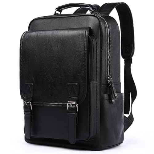 Leather Backpack fits 15.6 Inch Laptop Vintage Backpack Waterproof Flap Bookbag for Men Leather Travel Backpack for Men Casual Knapsack Black