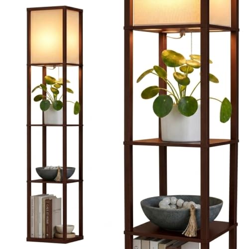 Brightech Maxwell Brown Floor Shelf Lamp with LED Bulb & Diffused Shade for Living Room & Bedroom
