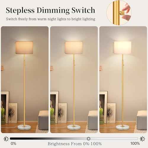 63.7" Modern Floor Lamp with White Marble Base & Linen Shade, Dimmable Tall Standing Lamp for Living Room & Bedroom, Gold Pole Light with 9W LED Bulb for Office Reading