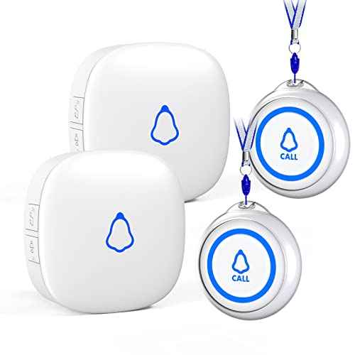 METAK Caregiver Pager Wireless Call Button for Elderly/Senior at Home, 2 Receiver + 2 Button, Medical Life Alert Necklace System for Patients, Disabled, Nurses, Emergency Bell Fall Monitor Devices