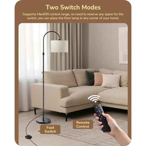 EDISHINE Dimmable Floor Lamp with Remote Control, Modern Arc Standing Lamp, 3000K-6500K Color Temperatures, Reading Light for Living Room Bedroom Office, Footswitch, LED Bulb Included, Black