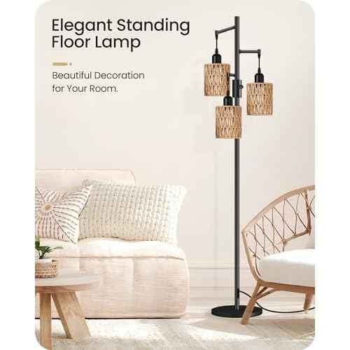 Dimmable Floor Lamp, Farmhouse Tall Standing 70.3" Tree Lamp with 3 Rope Woven Lampshades, Boho Rattan Floor Lights, 4W 3 LED Bulbs Included, for Living Room, Bedroom, Study, Office B03LD05