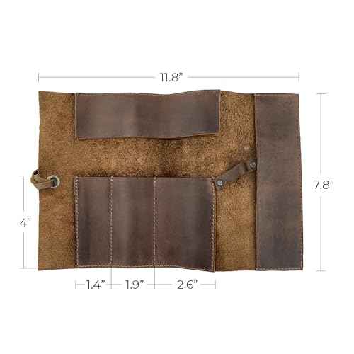 Hide & Drink, Rustic Leather Pencil Roll Pouch, Multi-Purpose Storage Wrap for Scissors, Earphones, Organizer for Craft, Work, Handmade (Bourbon Brown)
