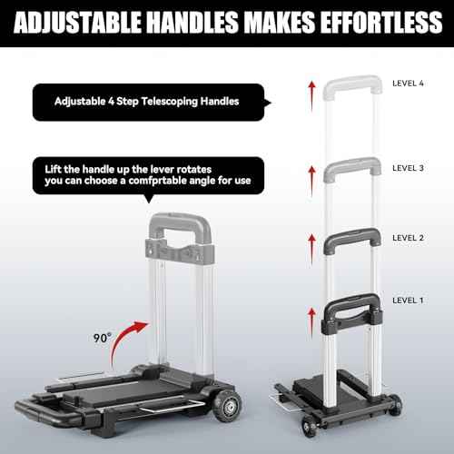 Mini Small Folding Hand Truck Dolly with 2 Tank Wheels, Expandable Base Plate Utility Luggage Cart with 1 Elastic Ropes, Portable Dolly Cart for School Travel Office Moving