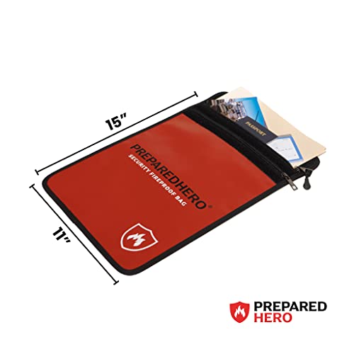Prepared Hero Fireproof Bag - 2 Pack. Fire Resistant Large 11" by 15" Document Bag to Safely Store Valuables. 2000F Heat Resistance