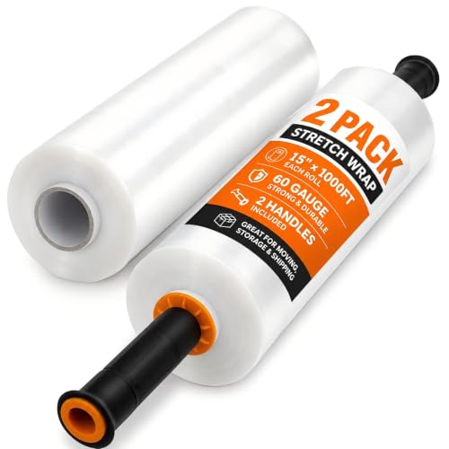 Bonison 2 Pack Plastic Wrap for Moving - 15 in x 1000 ft Heavy-Duty Shrink Wrap with Handles