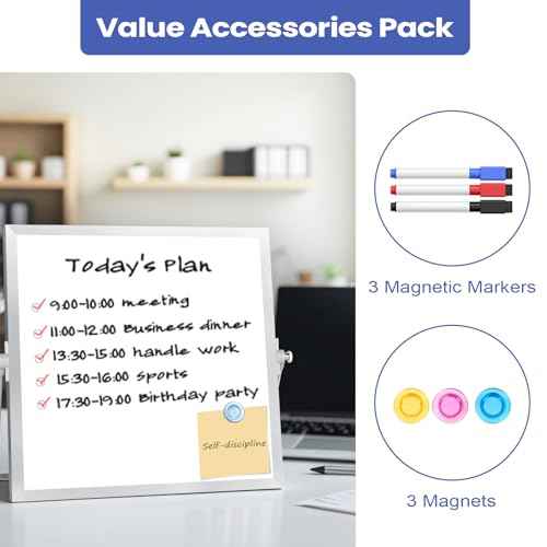 Small Desktop White Board with Stand, 10" x 10" Double-Sided Silver Aluminium Frame Whiteboard for Kids, Mini Dry Erase Board for Home, Office, School