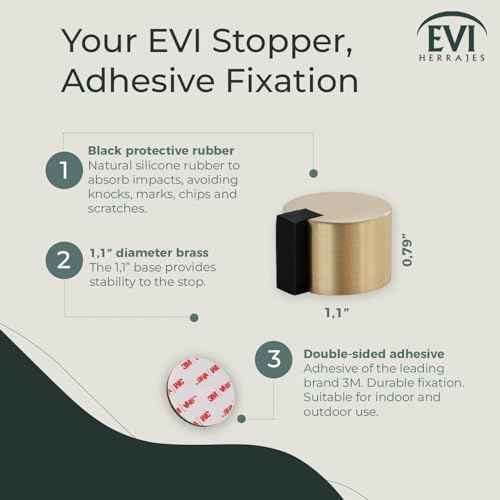 EVI Door Stoppers | Brass Door Stop - Adhesive Fastening - Black Protector Rubber - 1.1 x 0.79 Inch Door Stopper