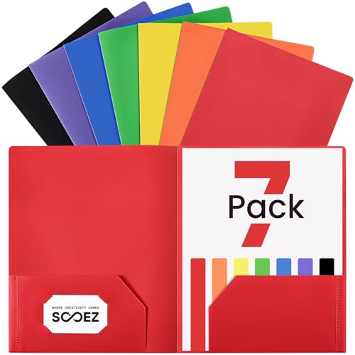 Rainbow 7-Pack Plastic Folder with Pockets & Labels - Durable 2 Pocket Office & School Folders