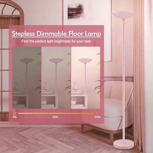30W Pink Torchiere Floor Lamp, 3600LM Super Bright LED Pole Lamp, 71Inch Tall Stepless Dimmable Torch Lamp, 1Inch Thick Metal Tube, Rotary Switch, Modern Standing Lamp for Living Room/Bedroom/Office