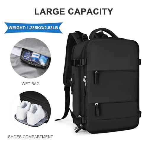 coowoz Large Travel Backpack For Women Men,Carry On Backpack Flight Approved,Hiking Backpack Waterproof Outdoor Sports Rucksack Casual Daypack Fit 15.6 Inch Laptop Shoes Compartment (Black)