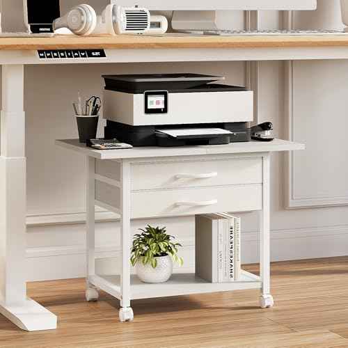 Large Printer Stand with Storage Fabric Drawer Under Desk Printer Table with Wheels for Home Office, Printer Cart fit Fax Machine Scanner 23.4"x15.7" (White, 2 Tiers)