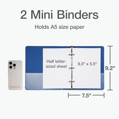Oxford Mini View Binders 1 Inch Blue Pack of 2 for A5 Paper, Portable Office & School Organizer