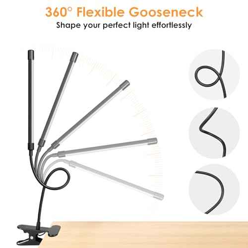 ShineTech 3-Head LED Desk Lamp with Clamp, Eye-Caring Clip-on Light for Home Office, 4 Color Modes & 6 Brightness Levels, 360¡Æ Flexible Gooseneck Desk Lights for Dorm Room, Reading, Nail, Black