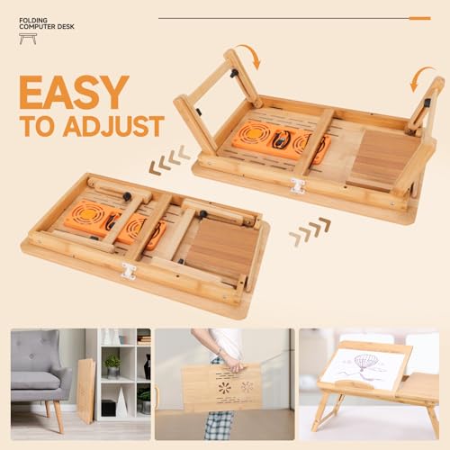 Adjustable Bamboo Laptop Desk with Cooling Fan, Foldable Bed Tray for Work & Dining