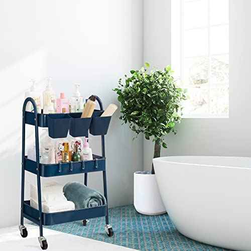 danpinera 3-Tier Rolling Cart, Utility Cart Mobile Metal Rolling Storage Cart with Lockable Wheels & Hanging Cups & Hooks for Kitchen, Bathroom, Office, Workshop, Dark Blue