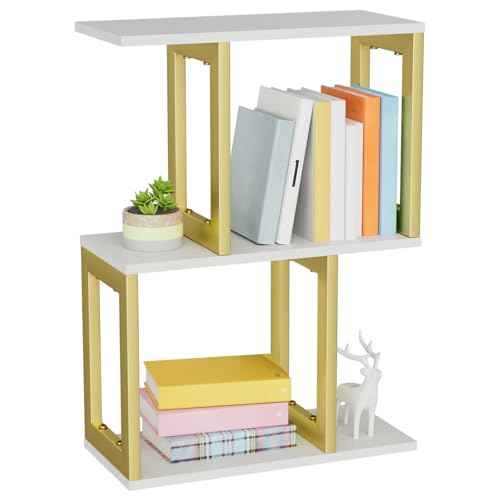 Book Shelf, 3-Tier Desk Shelf for Desktop Organizer, Wood and Metal Desktop Shelf Display Shelf Desk Hutch for Dorm Office Home White with Gold