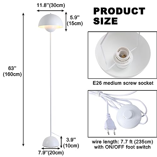 Modern Industrial Corner Floor Lamp for Bedroom, Living Room & Office - 63'' Tall Standing Metal Arched Shade White Lamp