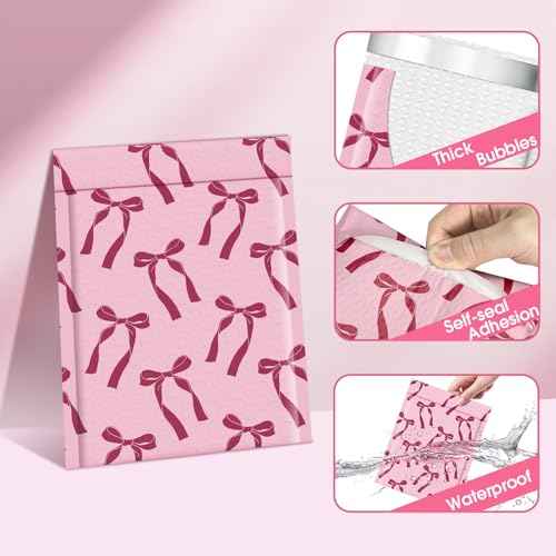 Fuxury Bubble Mailers 6x10 100 Pack, Pink Bows Cute Design Bubble Envelopes Usable Size 6x9",Strong Adhesion Pattern Padded Shipping Envelopes Thick Mailer for Mailing Jewelry, Makeup,Small items