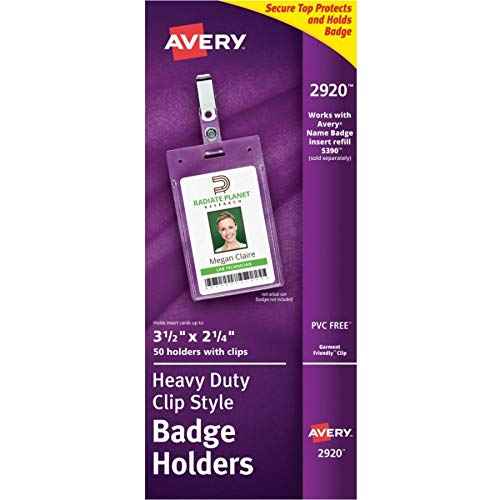 Avery Heavy Duty Badge Holders, 3.5" x 2.25", 50 Vertical Name Badge Holders with Clips (2920)