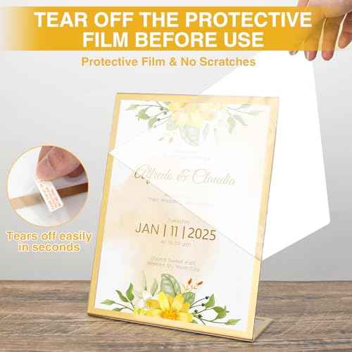 EHWINE 12 Pack Acrylic Sign Holder 8.5 x 11, Gold Picture Frame Stand up Table Top Sign Holders, Slanted Back Paper Holder Clear Display Stand Menu Flyer Holder for Wedding Party