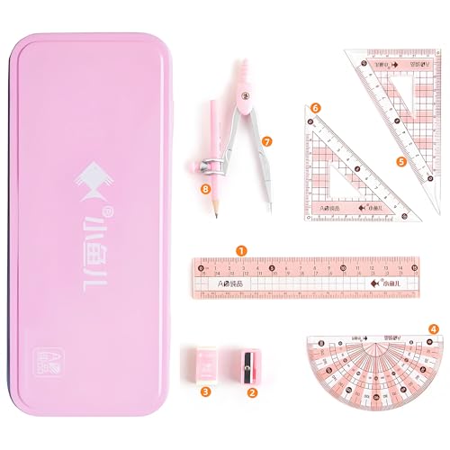 Pink 8-Piece Geometry Math Set with Shatterproof Storage Box for Students
