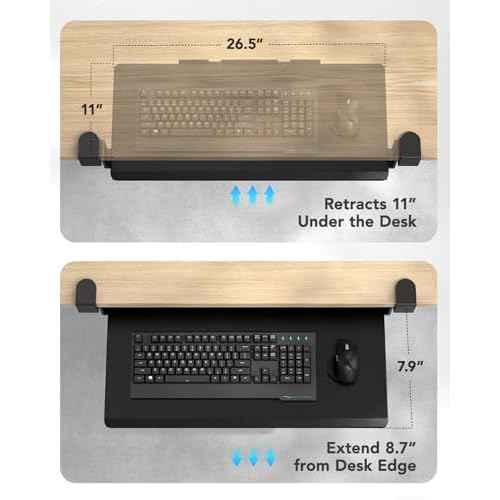 HUANUO Keyboard Tray Under Desk, Pull Out Keyboard Tray with C Clamp Mount, 26.5¡È W x 11.8¡È D Slide Out Computer Keyboard Drawer Mouse Tray for Typing, Black