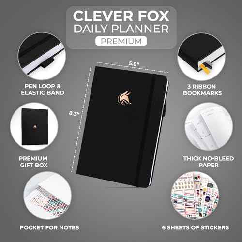 Clever Fox Planner Daily Premium ? Undated Daily Planner with Hourly Schedule, Personal Organizer, Productivity Journal, 6 Months (Black)