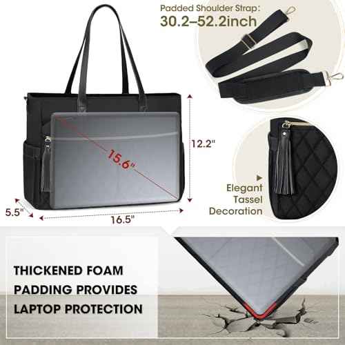 RAINSMORE Laptop Bag for Women 15.6Inch Teacher Tote Bag Work Bags for Women Nurse Bag Professional Laptop Tote Computer Messenger Laptop Briefcase Large Handbag for Office College Nursing, Black