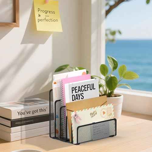Mail Organizer with 5 Slot, Metal Mail Holder for Desk, Office File Holder Letter Organizer for Mails (Black)