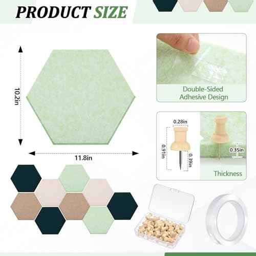 16 Pcs Hexagon Cork Board for Walls with 50 Wooden Push Pins 12x10 in Felt DIY Tiles Notice with Nano Tape Hanging Bulletin Board for Home Photo Office Memo Note (Green)