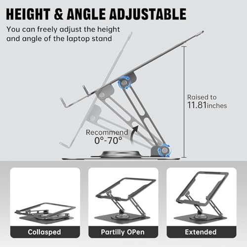 Grey Aluminum Laptop Stand for 10-16 inch Laptops, 360° Rotating & Adjustable