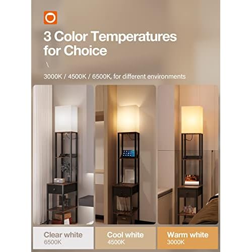 addlon Floor lamp with 2 USB, 1 Outlet and Drawer, 3 Color Temperatures LED Bulb (9W), Sofa lamp with White lampshade, Display Floor lamp with Shelves for Living Room, Bedroom and Office - Brown