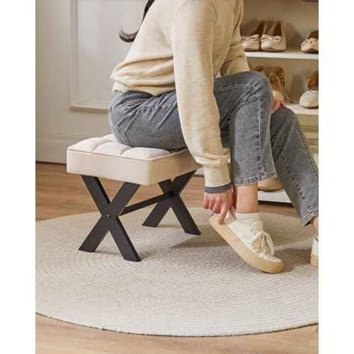 IBUYKE Small 12" H Footrest Stool, Square Linen Foot Stool with Metal X-Leg, Multi-Use as Small Side Table, Step Stool for Living Room, Bedroom, Entryway, Office, Linen WBD011Y