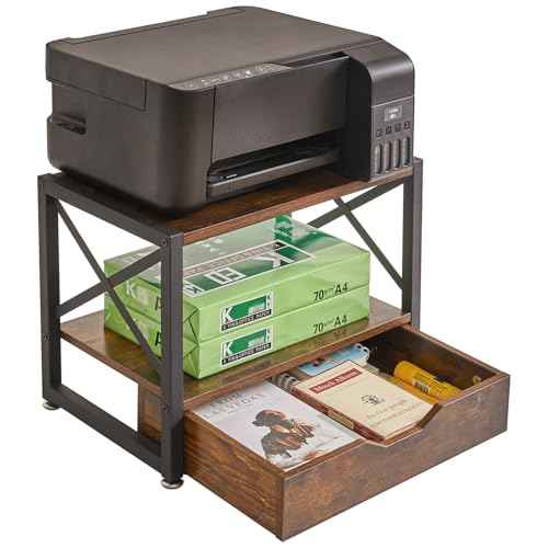 IBUYKE 2 Tier Desktop Printer Stand,Multi-Purpose Desk Organizer,Wooden Printer Stand with Drawer Storage for Folders,Books,for Fax Machine, Scanner,Home Office,Rustic Brown UTLJ006H