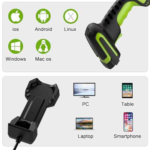 Industrial 433Mhz Wireless Barcode Scanner with Charging Cradle,IP65 Drop-Proof 2-in-1 Bluetooth and 433Mhz Barcode Reader for Laptop Desktop Tablet Android iOS,ipad