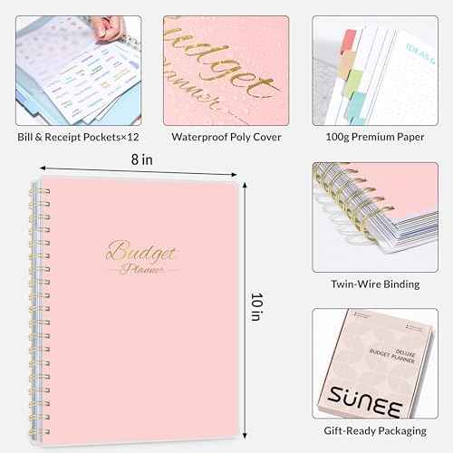 SUNEE Budget Planner - Deluxe Monthly Budget Book with 12-Pockets for Bill Organizer, Undated 12 Month Expense Tracker Notebook & Account Book B5 Size (8" x 10") to Manage Your Finance Planner, Pink