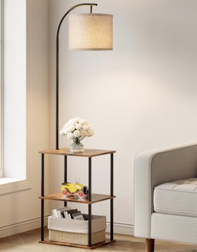 Rustic Brown Floor Lamp with Table - Night Stand & End Side Table for Living Room