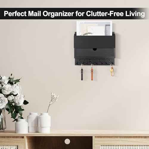 Mail and Key Holder Wall Mount with Storage Drawer ? Modern Wooden Mail Organizer for Wall Entryway, 7 Key Hooks & Chalkboard Panel ? Stylish Home Decor for Apartments, Living Room, Office