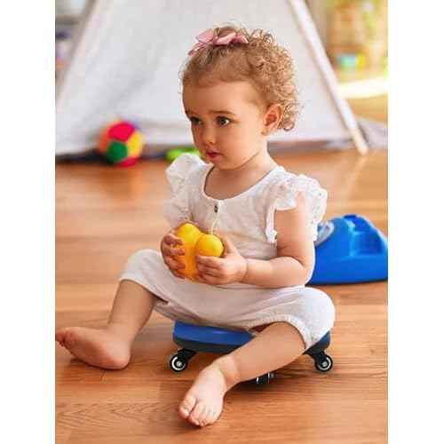 Lanstics Low Roller Seat Wheel Stool Chair PU Leather Rolling Stool Seats on Wheels for Home Office Fitness Round Roller Seat Stool (Blue)