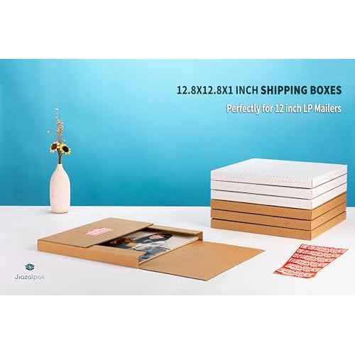 12" Vinyl Record Shipping Boxes, 12.8"L x 12.8"W x 1"D, Easy-Fold, Multi-Depth LP Mailers with Fragile Stickers, Brown, 15 Pack